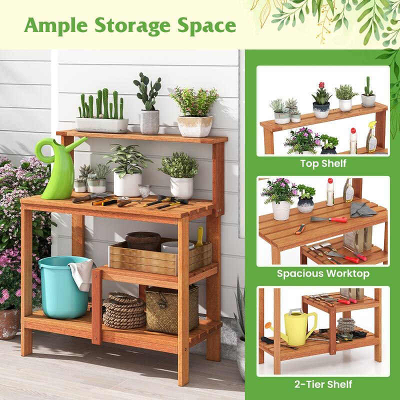 Gymax Outdoor Potting Bench Table w/Open Shelves Teak Oil Finish