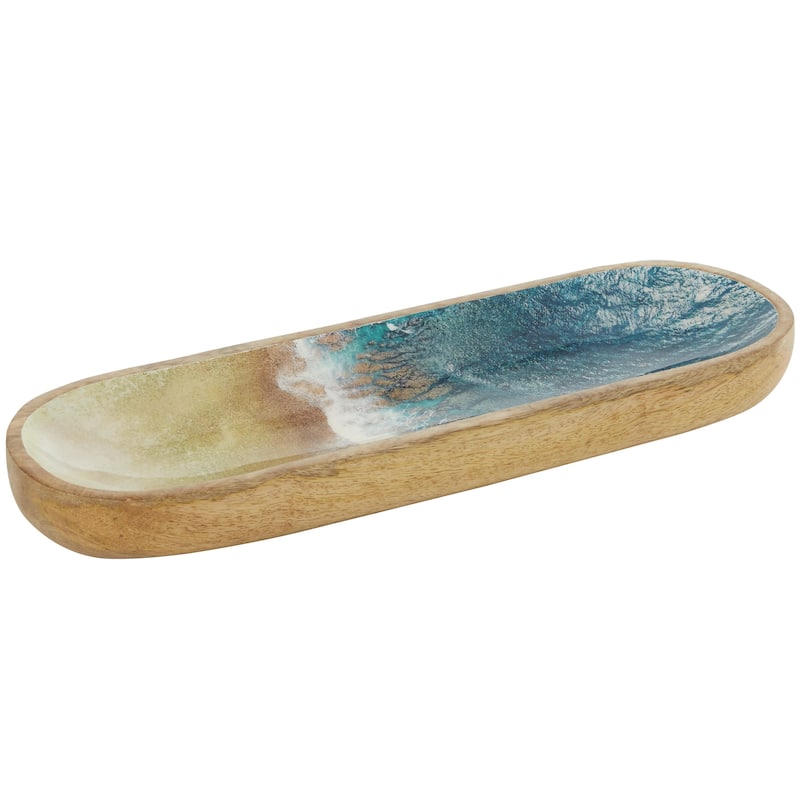 Mango Wood Handmade Ocean Inspired Living Room Decor Tray with Colorful Enameled Interior - Brown - Roche River Decor