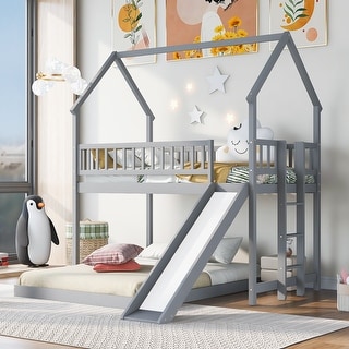 Twin over Full House Bunk Kids Bed with Slide, Built-in Ladder & Full-Length Guardrail for Bedroom, No Box Spring Needed, Grey