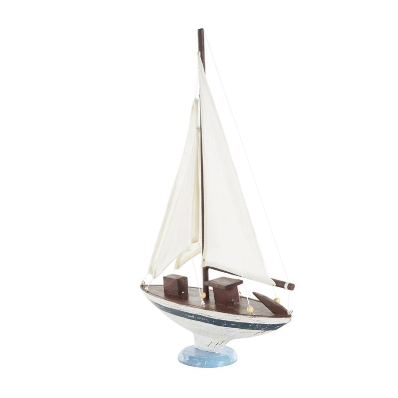 Wood Sail Boat Distressed Decorative Sculpture with Brown Wood and Beaded Accents - White - Roche River Decor
