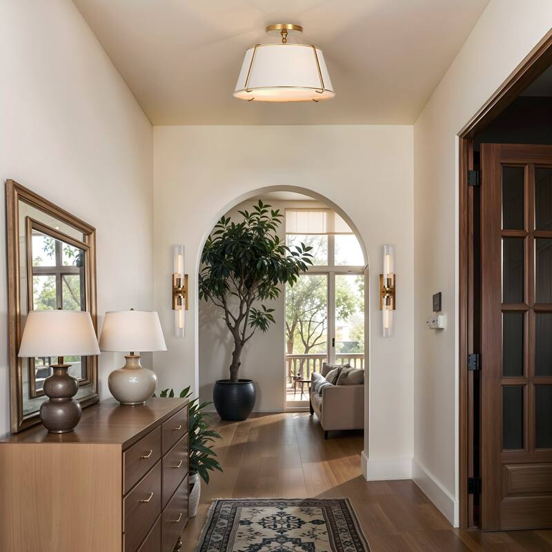 Crest Semi-Flush Mount - Metal, Fabric & Gold, Ivory White Ceiling Light for Bedroom or Hallway in Modern, Transitional Style