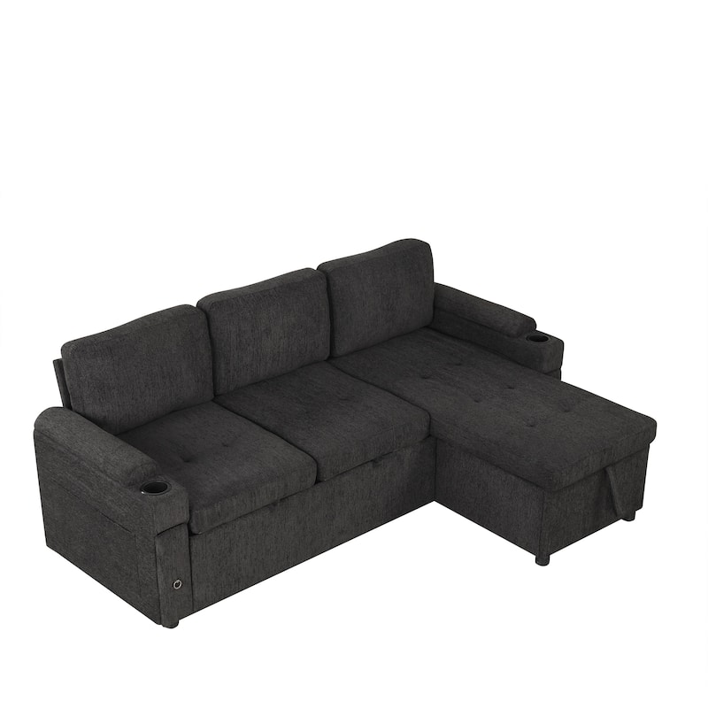 83.5" Chenille L-Shaped Sectional Sofa with Convertible Bed & Storage