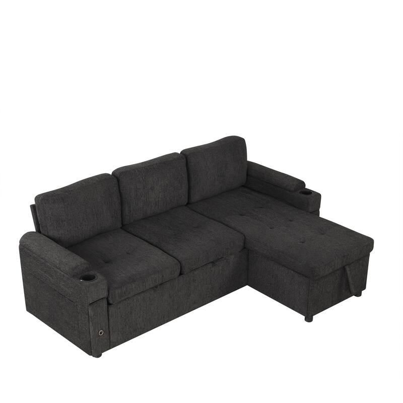 L-Shaped Convertible Sofa Bed with Reversible Chaise Lounge, Chenille Fabric Sectional Sofa with 2 Cup Holders & 2 USB Ports