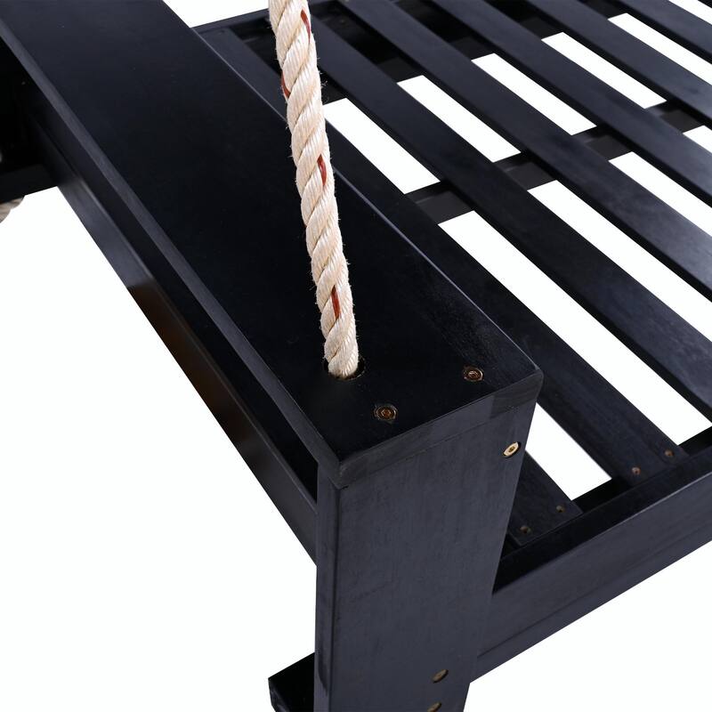 Twin Size Porch Swing Bed Seating Group, Patio Acacia Wood Swing Frame with Hemp Rope