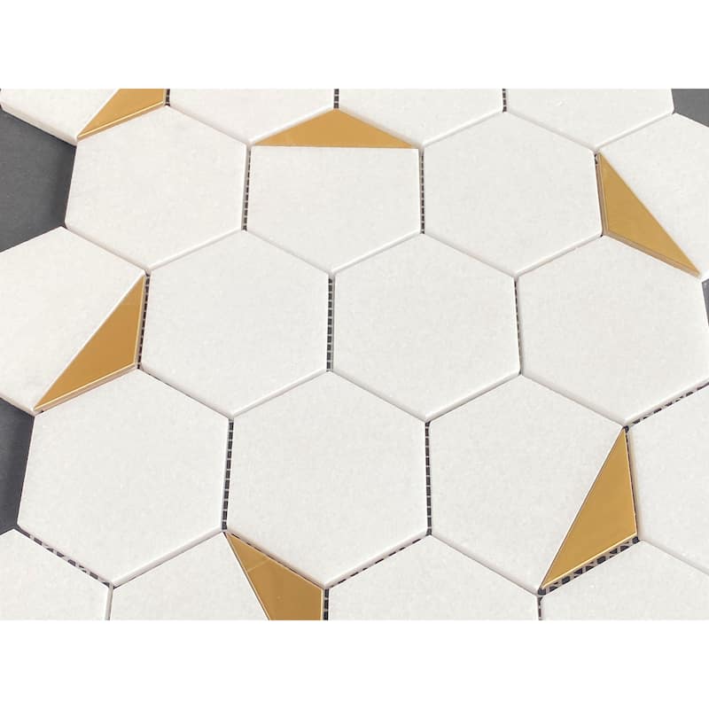 Thassos Whtie with Gold Metal 3" Hexagon Marble Wall and Floor Mosaic - Case (10 Sheets)
