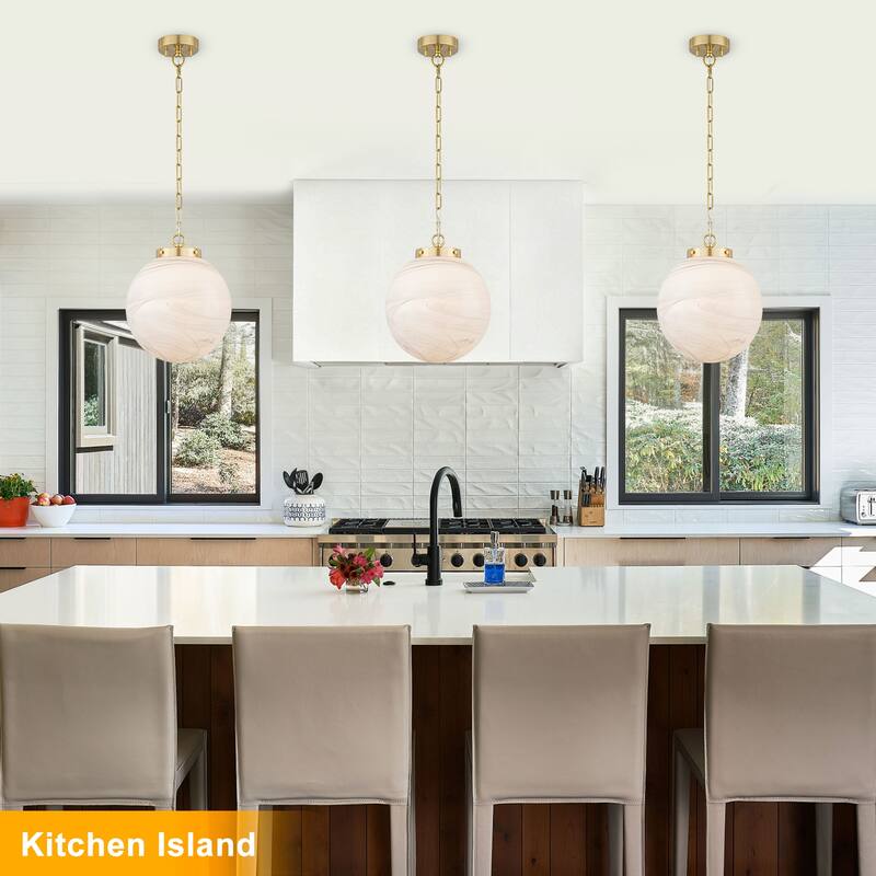 Brushed Gold Pendant Light with Marbled Glass Globe Kitchen Bedroom - Dia.11.81-in