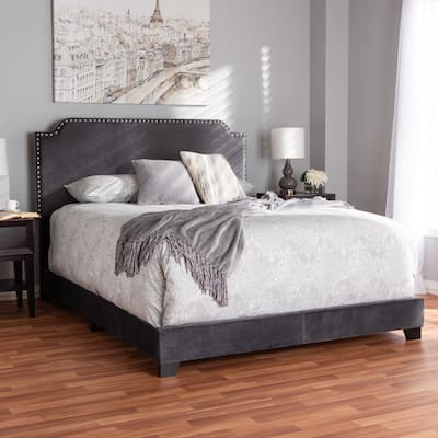 Luxury Velvet Queen Bed - Nailhead Trim Upholstered Bed Frame - Grey Bedroom Furniture