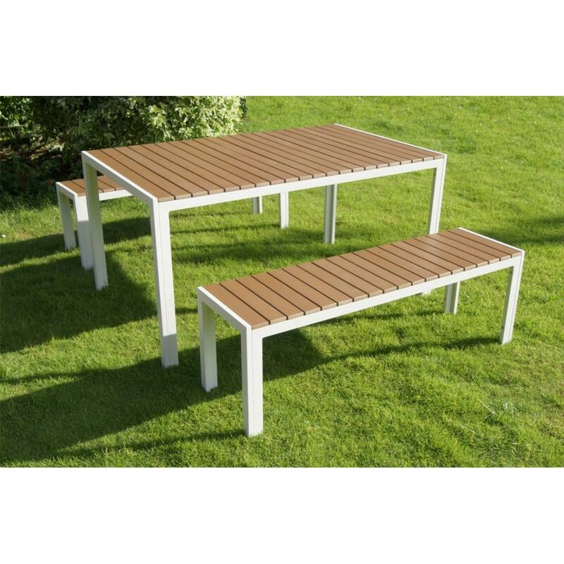 Plain and Contemporary Anodized Aluminum Table and Bench Set in White (Set of 3)