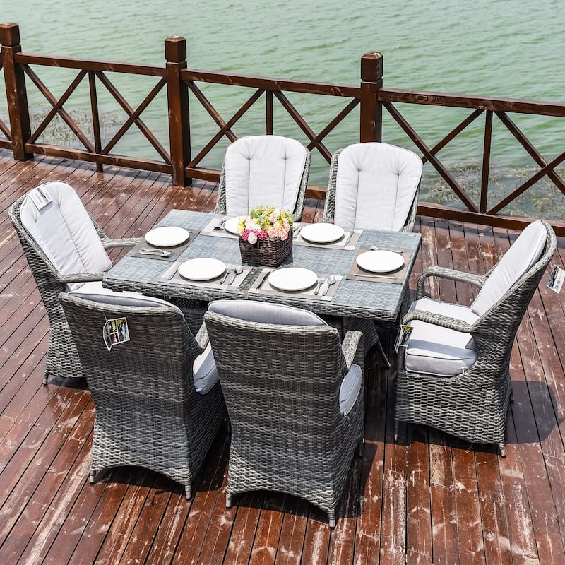 Abrihome 7-piece Outdoor Wicker Dining Table Set with 6 Eton Chairs