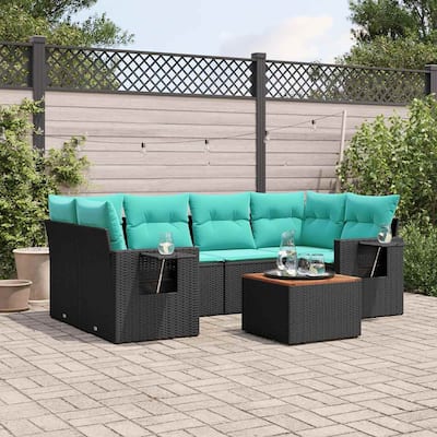 vidaXL 7 Piece Patio Sofa Set with Cushions Black Poly Rattan - 24.4" x 24.4" x 27.2"