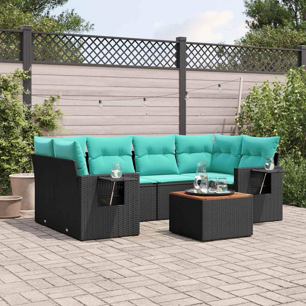 vidaXL 7 Piece Patio Sofa Set with Cushions Black Poly Rattan - 24.4" x 24.4" x 27.2"