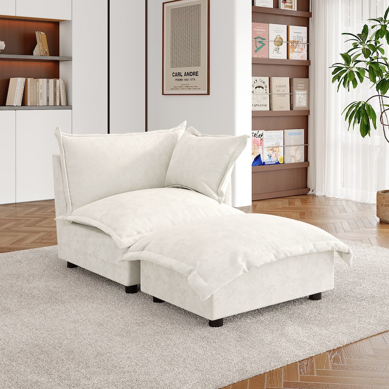 Double Layer Cushion Comfy Cloud Modular Sectional Sofa Set - Corner Sofa+Ottoman-Beige - Right Facing