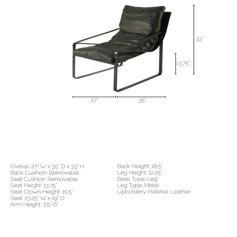 Hornet II Black Genuine Leather w/ Black Iron Frame Accent Chair - 27"W x 35"D x 35"H