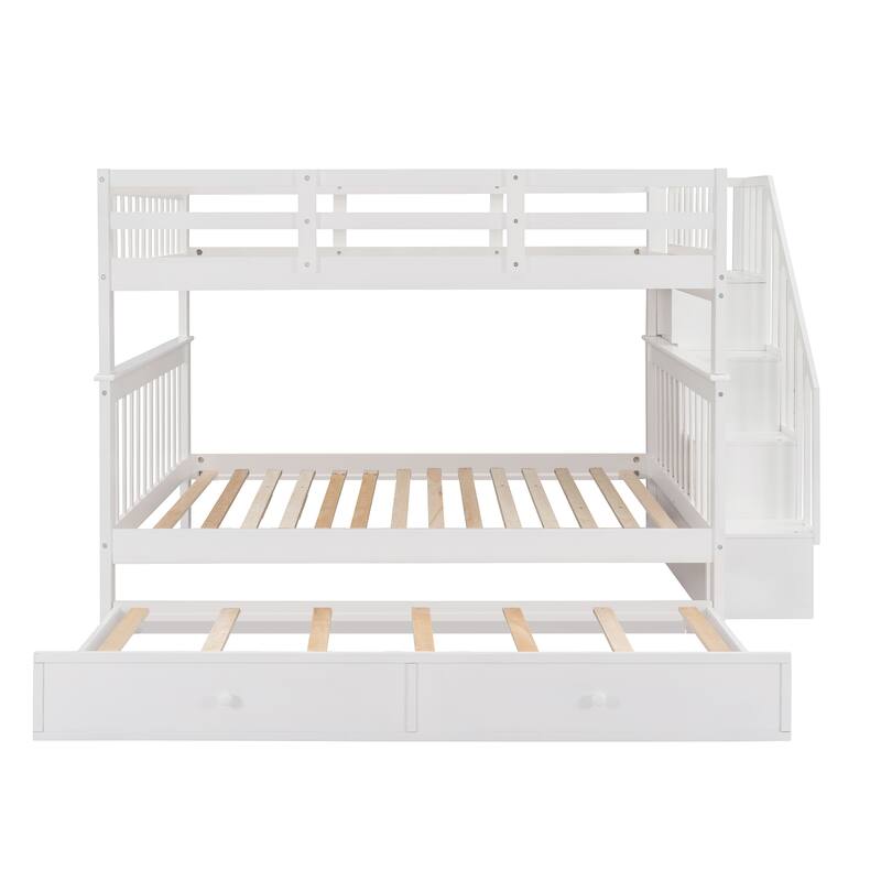 Full-Over-Full Bunk Bed with Twin Trundle & Staircase Storage and Solid Wood, 300lb Capacity