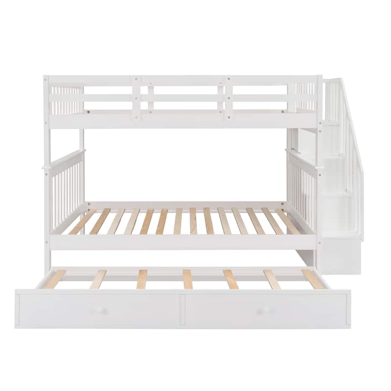 Stairway Full-Over-Full Bunk Bed with Twin size Trundle, Storage and Guard Rail for Bedroom, Dorm - White