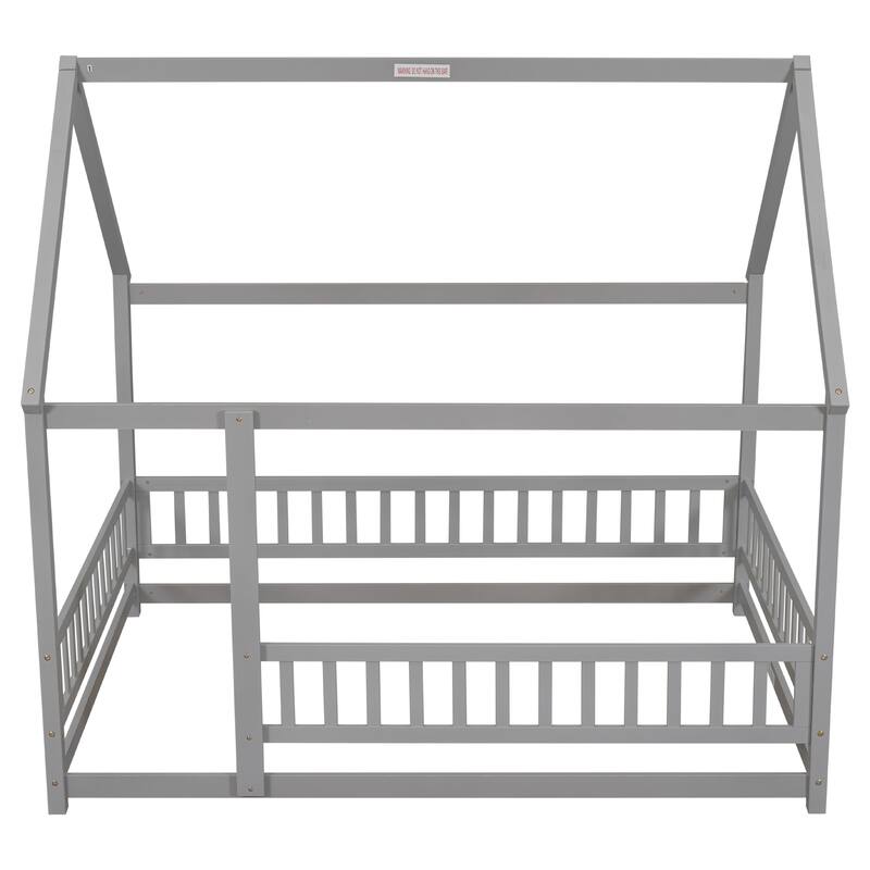 Wooden Floor Bed with House Roof Frame and Guardrails