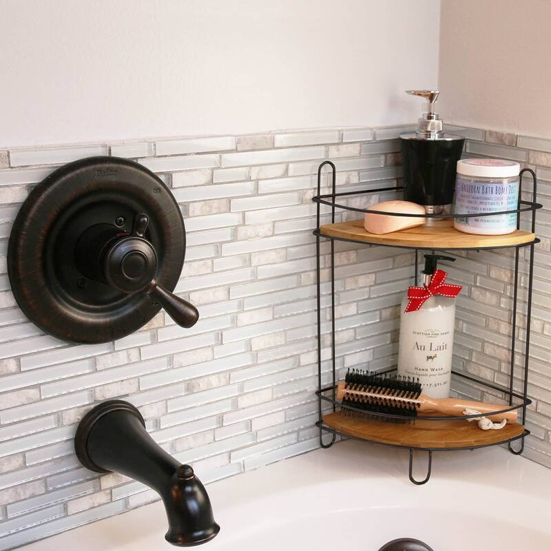 Corner Bathroom Organizer Storage Tower 3 or 2 Shelves Bamboo Black Metal