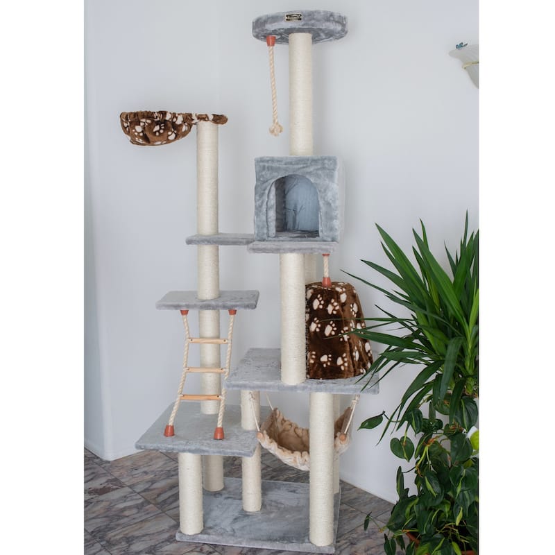 Wood Climber Play House, Cat furniture With Playhouse, Lounge Basket - Silver Gray