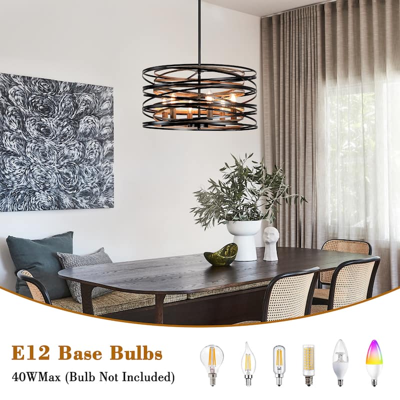 6-Light Modern Farmhouse Drum Pendant Black Metal Drum Chandelier