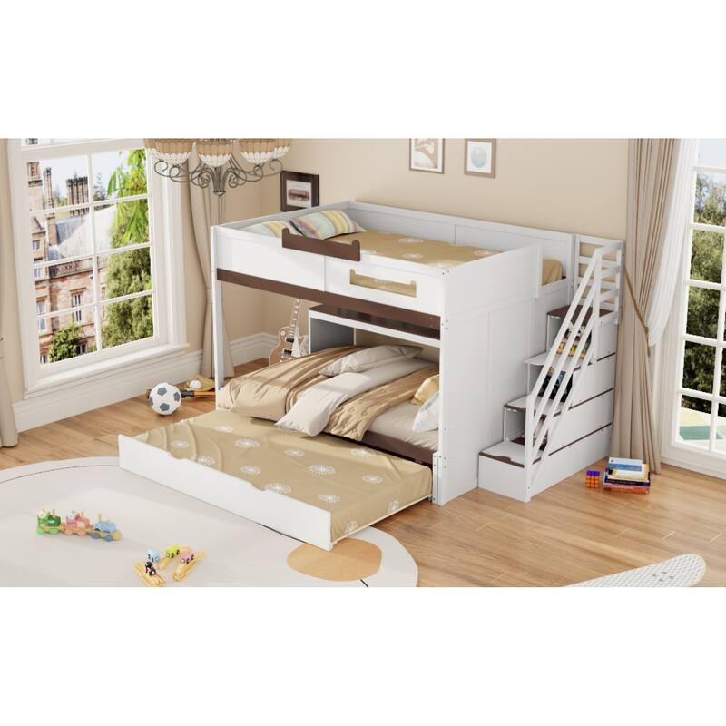 Roomfitters Full Over Full Bunk Bed with Twin Trundle, Storage Staircase & LED Lighting, Functional Space Saving Sleeper