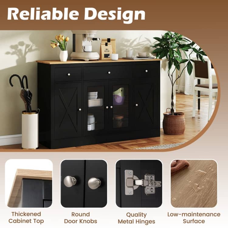 Black MDF and Engineered Wood Buffet Sideboard with Drawers and Cabinets - 55.5" × 16" × 35.5"