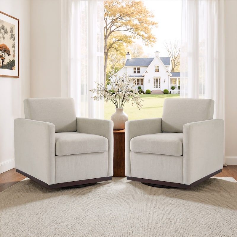 Set of 2 Modern Swivel Accent Armchairs Upholstered Arm Chairs - Chenille - Sand