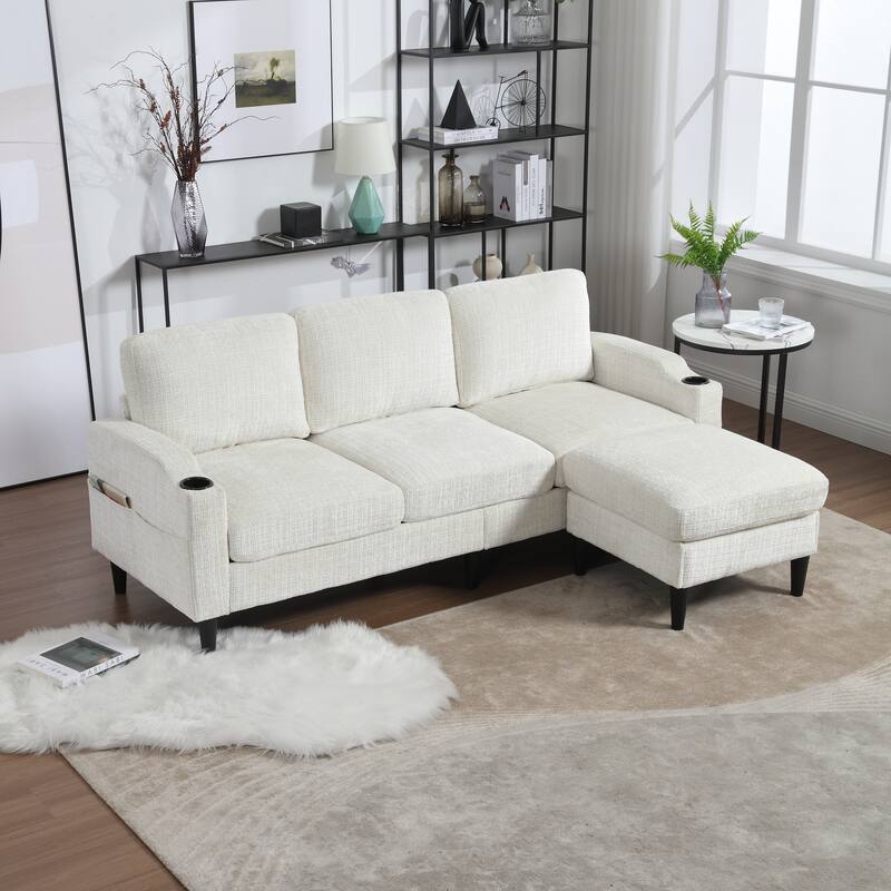 Modular Sectional Sofa with Storage Ottoman, Comfy Chenille Fabric Sofa, 3-Seater Sofa with Side Pockets & 2 Cup Holders