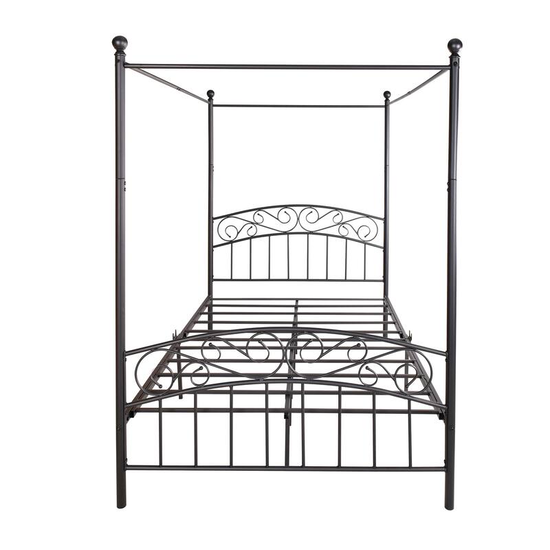 Metal Canopy Bed Frame with Ornate European Style Headboard & Footboard
