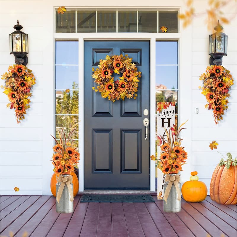 Glitzhome 3ft Fall Sunflower Leaf Potted Tree Thanksgiving Porch Decor