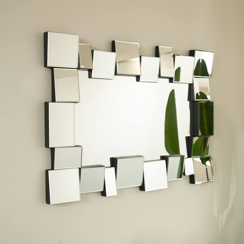 Reage Geometric Square-Spliced PU Art Decorative Mirror - Wall-Mounted, Bathroom, Bedroom - Silver