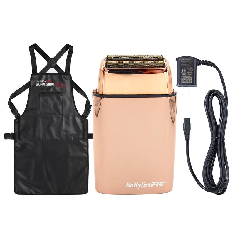 BaByliss Pro Cordless Double Foil Shaver FXFS2RG + Power Cord Charger For FXFS2 Double Foil Shaver + Industrial Barber Apron - Rose Gold