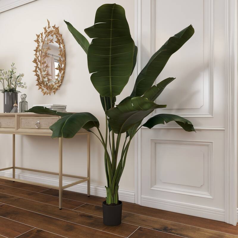 Faux Foliage Bird of Paradise or Anthurium Artificial Plant with Realistic Leaves and Black Pot - Green - Roche River Decor