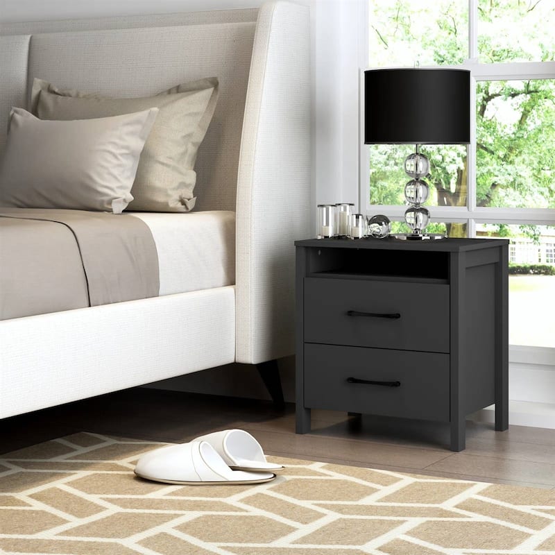 Modern 2-Drawer Bedside Table Nightstand with Shelf Wood Minimalist Bedroom Furniture