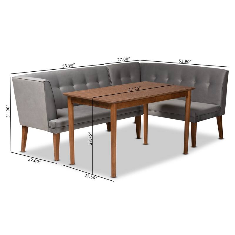 Stewart Mid-Century Grey Velvet Upholstered Wood Dining Nook Set