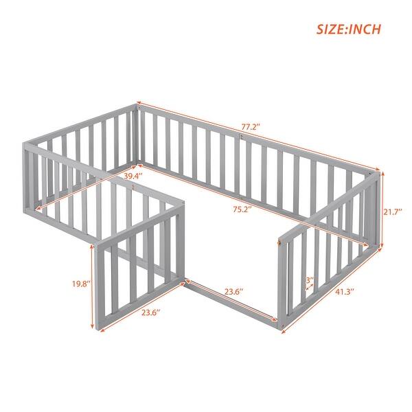 Twin Size Solid Wood Daybed, Floor Bedframe w/Length Fence & Door,Gray