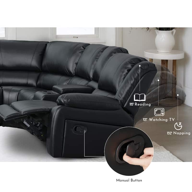 6PCS, 2 Manual Recliners, Faux Leather Reclining Sectional with Center Console
