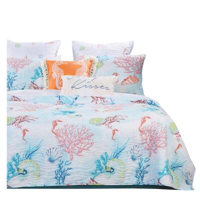 King Size 3 Piece Polyester Quilt Set with Coral Prints, Multicolor