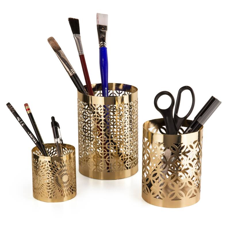 Geometric Filigree Candle Holders - 6" - Gold - Set of 3