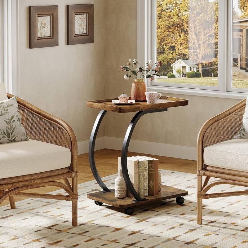 Industrial 2-Tier C-Shaped End Table with Wheels, Wood Small Side Table with Metal Frame, for Living Room Small Spaces