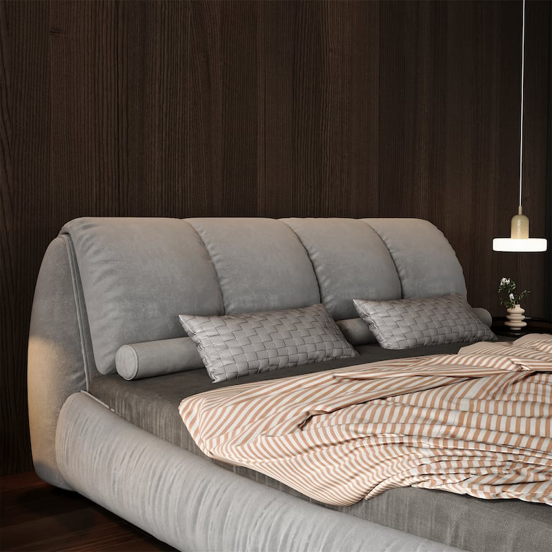 Grey Queen Size Luxury Upholstered Platform Bed with Oversized Padded Backrest and Solid Wood Frame