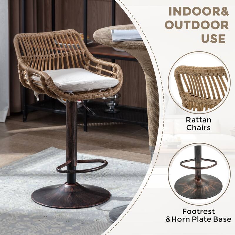 360° Swivel Bar Stools Set of 2, Adjustable Counter Height Chairs with Footrest, Rattan Bar Chairs with Cushions