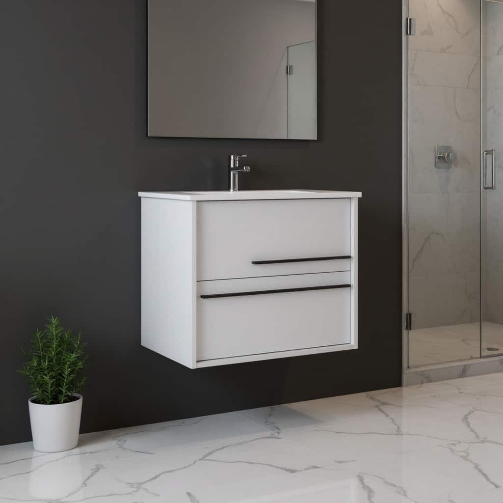 HomeRoots 24" Off White Wood Floating Bathroom Vanity With White Sink And Two Drawers - 24.00 in. x 24.60 in. x 21.60 in.