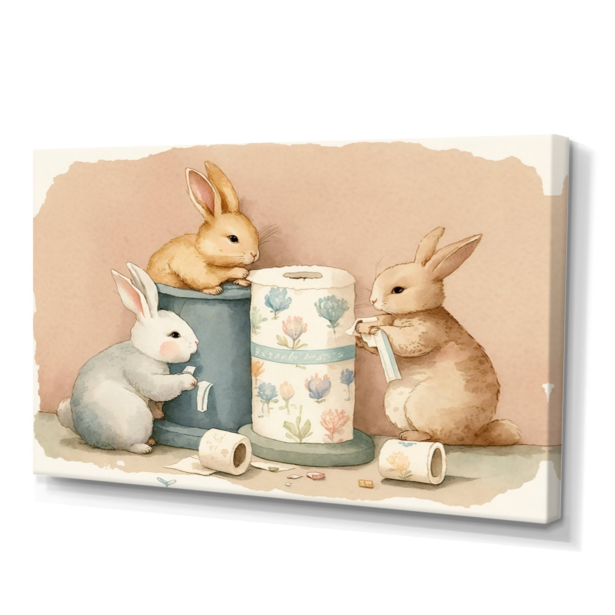 Designart 'Bunnies With Roll Of Toilet Paper' Bathroom Canvas Wall Art