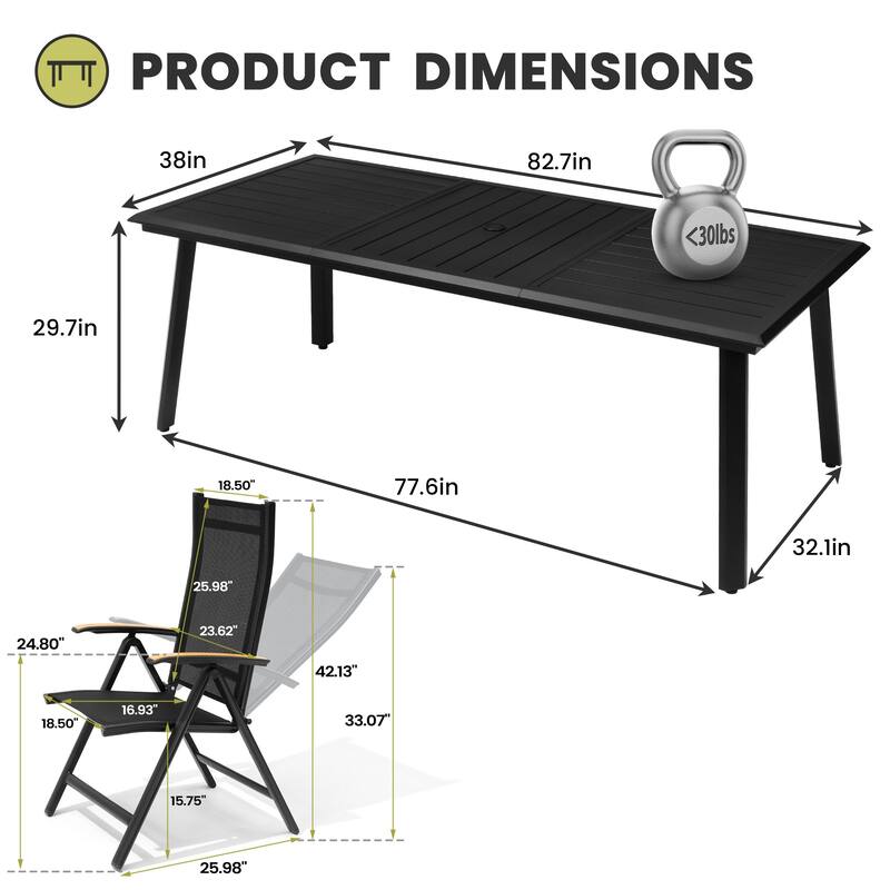 7/9-Piece Outdoor Dining Set Aluminum Patio Dining Table with Umbrella Hole and Adjustable Folding Chairs