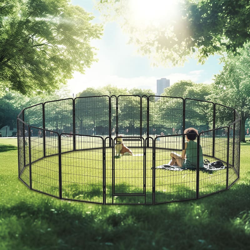 16 Panels Heavy Duty Metal Playpen with door,39.37"H Dog Fence Pet Exercise Pen for Outdoor - Black
