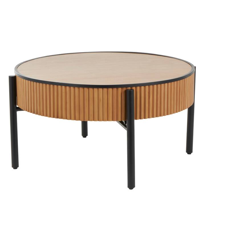 Brown Wood Handmade Slatted Drum Side End Accent Table with Black Metal Legs