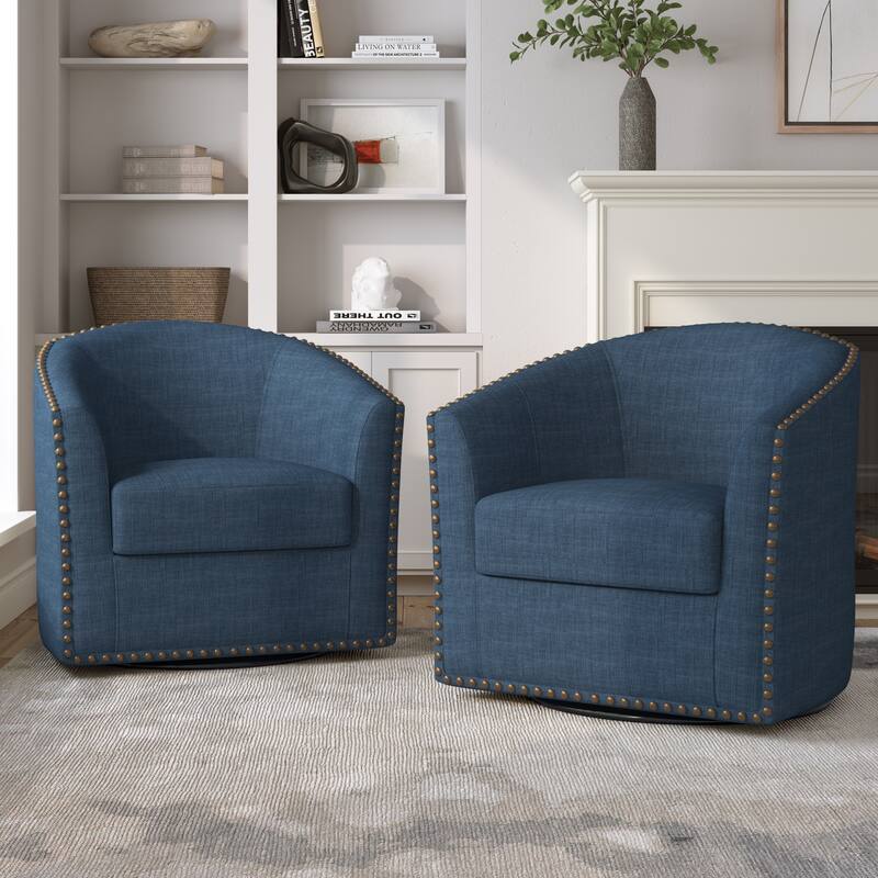 Nailhead Trim Upholstered Swivel Accent Chairs Set of 2 - Blue