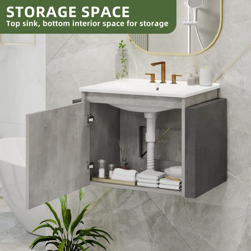 Moasis 22 Inch Wall Mounted Bathroom Vanity with Ceramic Sink and Soft Close Doors Grey