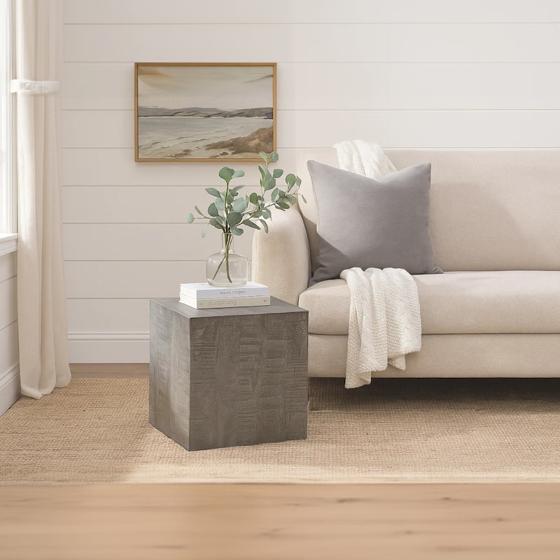 Rydan Side End Table 19 Inch Square Block Top Sandblasted Gray Mango Wood
