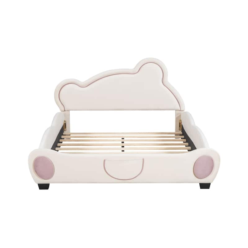 Velvet Platform Bed with Bear Shaped Headboard